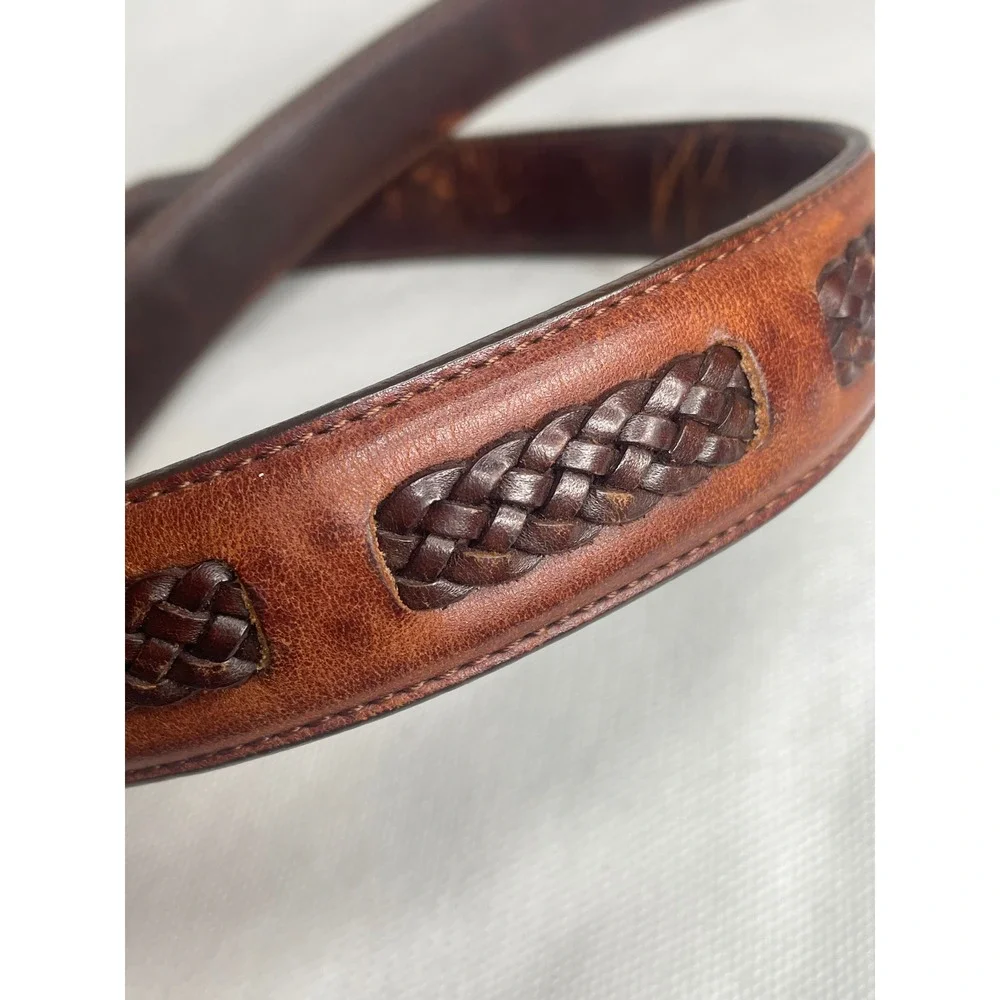 Vintage Brighton Woven Leather Belt Size 42 Western Brown Silver Tooled Buckle